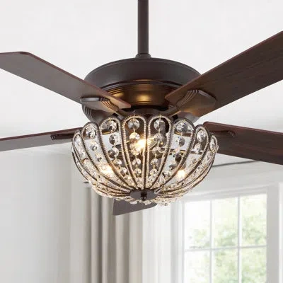 Happimess Reva 42" 3-light Modern Coastal 6-speed Metal/crystal Scalloped Bowl Shade Mobile-app/remote-control In Brown