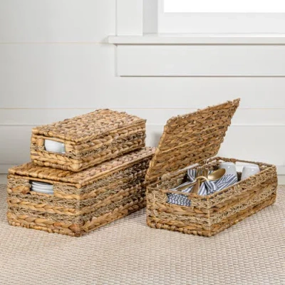Happimess Sandrine Classic Farmhouse Handwoven Hyacinth Storage Baskets With Handles And Lids, In Natural