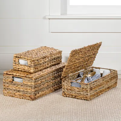 Happimess Sandrine Classic Farmhouse Handwoven Hyacinth Storage Baskets With Handles And Lids (set Of 3)