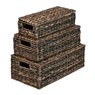 Happimess Sandrine Classic Farmhouse Handwoven Hyacinth Storage Baskets With Handles And Lids (set Of 3) In Brown