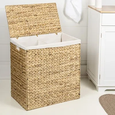 Happimess Sawyer 24" Classic Farmhouse Handwoven Hyacinth 2-section Collapsible Laundry Hamper With Washable L In Natural