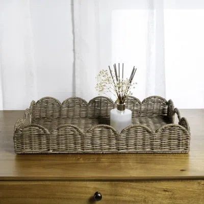 Happimess Scalloped 21.5" Southwestern Cottage Hand-woven Rattan Tray With Handles In Brown