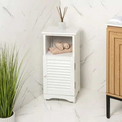 Happimess Serene 27.5 In. H Handcrafted Acacia Wood Bathroom Freestanding Floor Bathroom Storage Cabinet With  In White