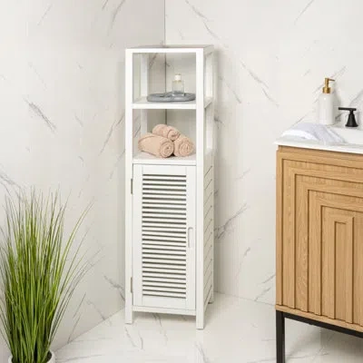 Happimess Solstice 47 In. H Handcrafted Pine Wood Bathroom Freestanding Floor Bathroom Storage Cabinet With Lo In White