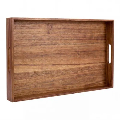 Happimess Soren W Handcrafted Large Acacia Wood Rectangular Serving Tray With Handles In Brown