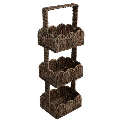 Happimess Terra Coastal Handwoven Water Hyacinth 3-tier Scalloped Basket Freestanding Storage Tower  In Brown
