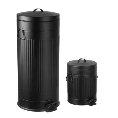Happimess Theo Retro 8-gallon Step Trash Can With Soft-close Lid And Free Mini Trash Can, Cotton White In Charcoal Black
