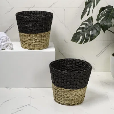 Happimess Toby Contemporary Bohemian Two-tone Handwoven Water Hyacinth 3.1-gallon Tapered Round Wicker Wasteba In Black,natural