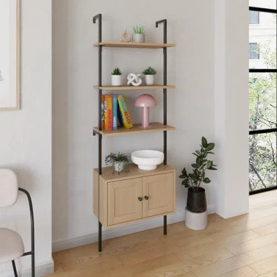Happimess Tulare 72.05" Midcentury Industrial 4-shelf Wood Wall-mounted Open Ladder Bookcase With Ca In Light Oak/black