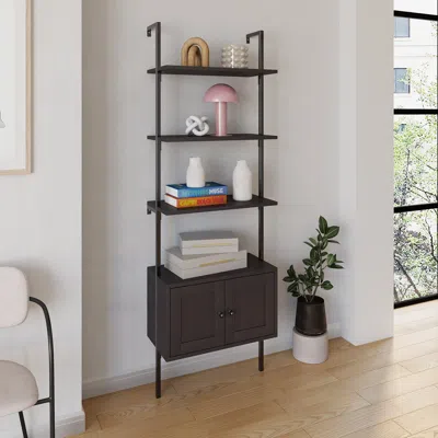 Happimess Tulare Midcentury Industrial 4-shelf Wood Wall-mounted Open Ladder Bookcase With Cabinet And Metal F In Black