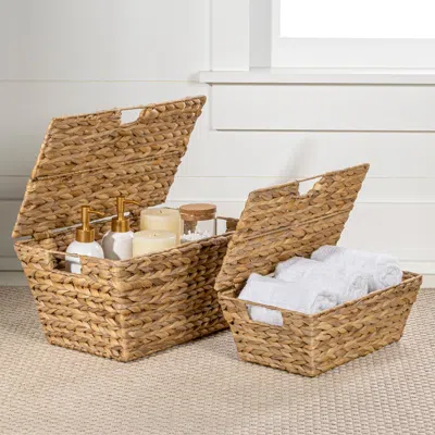 Happimess Wilder Classic Farmhouse Woven Hyacinth Rectangular Storage Baskets With Lids And Handles, In Natural