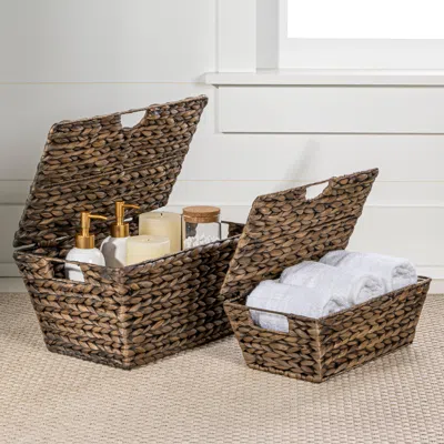 Happimess Wilder Classic Farmhouse Woven Hyacinth Rectangular Storage Baskets With Lids And Handles (set Of 2)