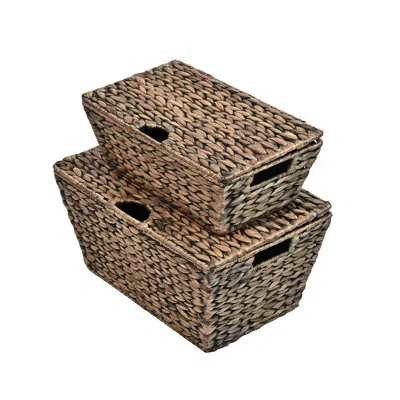 Happimess Wilder Classic Farmhouse Woven Hyacinth Rectangular Storage Baskets With Lids And Handles (set Of 2) In Brown