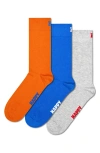 Happy Socks Solid Crew Socks, Pack Of 3 In Grey Multi