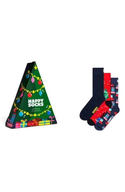 Happy Socks Assorted 3-pack Holiday Tree Crew Socks Gift Set In Green