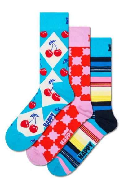 Happy Socks Check & Stripes 3-pack Assorted Crew Socks Gift Set In Yellow
