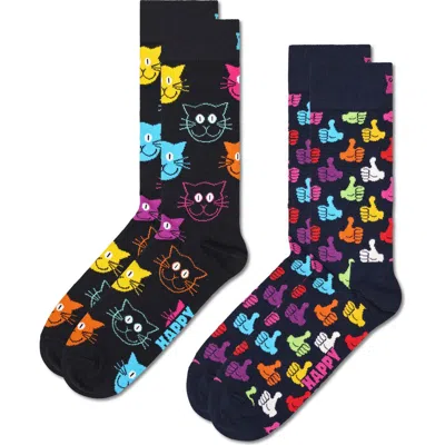 HAPPY SOCKS HAPPY SOCKS CLASSIC CAT & THUMBS UP ASSORTED 2-PACK COTTON BLEND CREW SOCKS