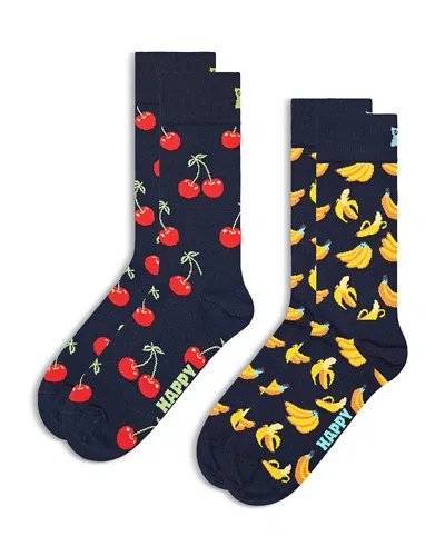 Happy Socks Classic Cherry Crew Socks, Pack Of 2 In Navy