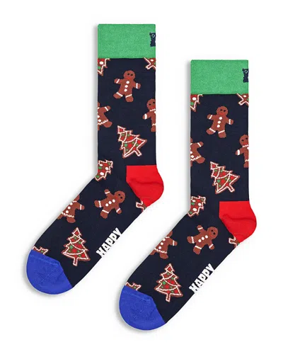 Happy Socks Cotton Blend Holiday Gingerbread Cookies Crew Socks Gift Set, Pack Of 1 In Navy