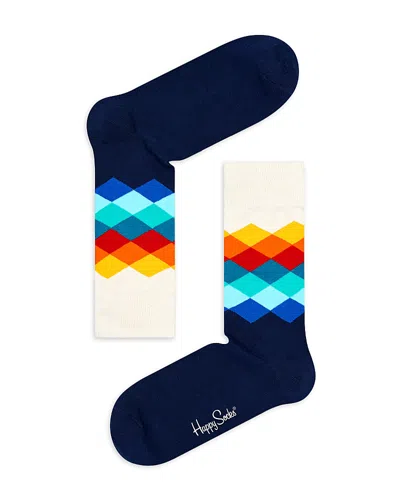 Happy Socks Faded Diamond Argyle Crew Socks In Navy
