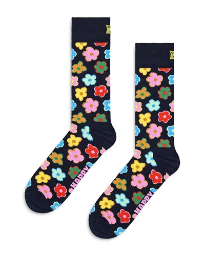 Happy Socks Flower Crew Socks In Navy