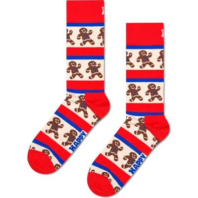 Happy Socks Gingerbread Stripe Cotton Blend Crew Socks In Red