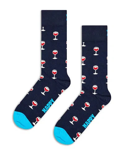 Happy Socks Glass Of Wine Crew Socks In Navy