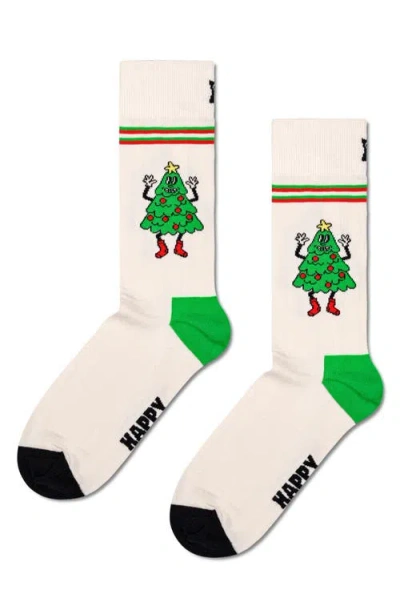 Happy Socks Happy Tree Cotton Blend Crew Socks In White