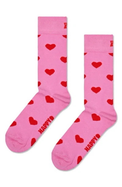 Happy Socks Heart Cotton Blend Crew Socks In Pink