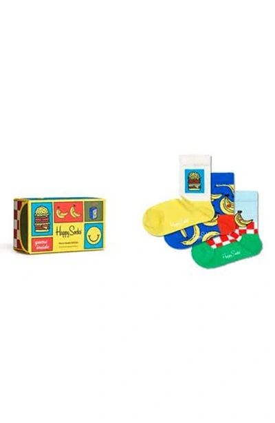 Happy Socks Kids' Picnic Assorted 3-pack Crew Socks Gift Box In Blue/yellow/green