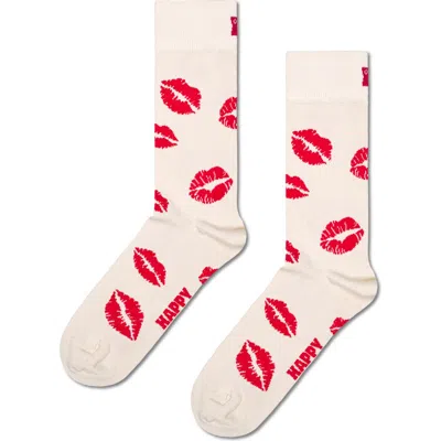 Happy Socks Kisses Crew Socks In White