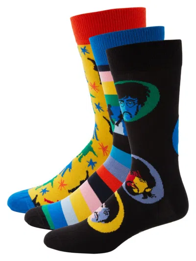 Happy Socks Babies' Men's The Beatles 3-pack Assorted Crew Socks In Black Multi