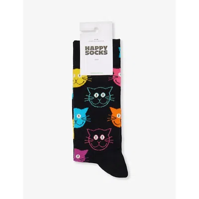 Happy Socks Mens Black Cat Cotton-blend Socks