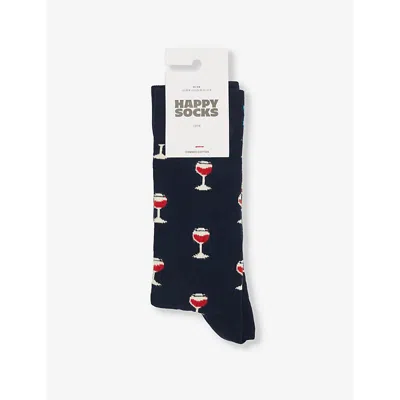 Happy Socks Mens Navy Glass Of Wine Stretch-cotton Blend Socks