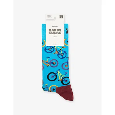 Happy Socks Mens Blue Bike-print Stretch-cotton Bend Socks