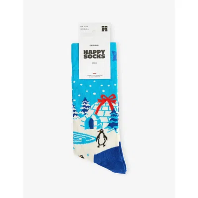 Happy Socks Mens White Penguins Crew-length Cotton-blend Socks