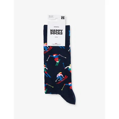 Happy Socks Mens Navy Skiing Crew-length Cotton-blend Socks In Blue