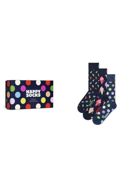 Happy Socks Assorted 3-pack Crew Socks Gift Box In Navy