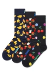 Happy Socks Snacks 3-pack Assorted Crew Socks In Navy