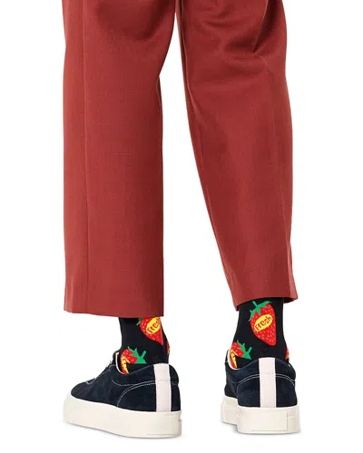 Happy Socks Strawberry Fresh Crew Socks In Black