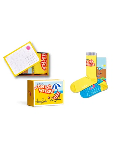 Happy Socks Wish U Were Here Cotton Blend Crew Socks Gift Box, Pack Of 2 In Medium Yellow