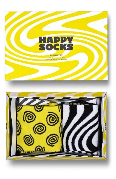 Happy Socks Zig Zag 2-pack Assorted Crew Socks Gift Set In Yellow