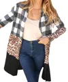 Haptics Brushed Hacci Plaid Leopard Color Block Cardigan In Black In Black