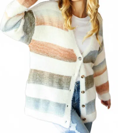 Haptics Button Down Stripe Soft Fuzzy Sweater Cardigan In Ivory/ Rust/ Olive