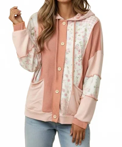 Haptics Button Waffle Hooded Cardigan In Pink In Multi