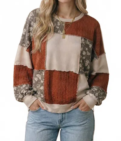 Haptics Color Block Floral Patchwork Pullover Sweatshirt In Rust In Brown