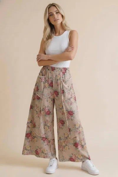 Haptics Elastic Waist Wide Leg Vintage Floral Pant In Oatmeal In White