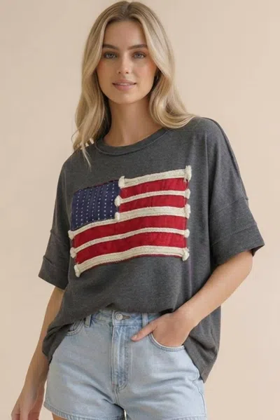 Haptics Embroidery Braided Stripe American Flag Top In Charcoal In Gray