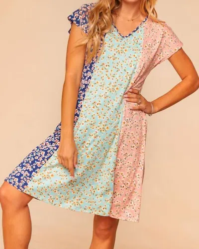 Haptics Floral Color Block Dress In Blue/ Teal/ Pink