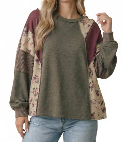 Haptics Floral Color Block Knit Top In Olive In Multi